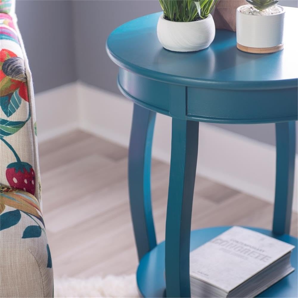 Pemberly Row Round Wood End Table with Shelf, Teal Blue Painted Finish, 24 in Height, MDF and Solid Wood, Cabriole Tapered Legs, Contemporary Accent Table for Living Room, Bedroom or Indoor Use