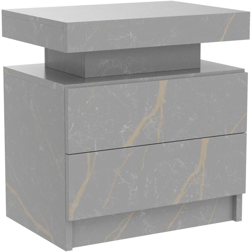 Cubehom Nightstands Set of 2, Bedside Tables with LED Lights, Night Stands with 2 Wood Drawers, End Tables Set of 2 for Living Room/Bedroom