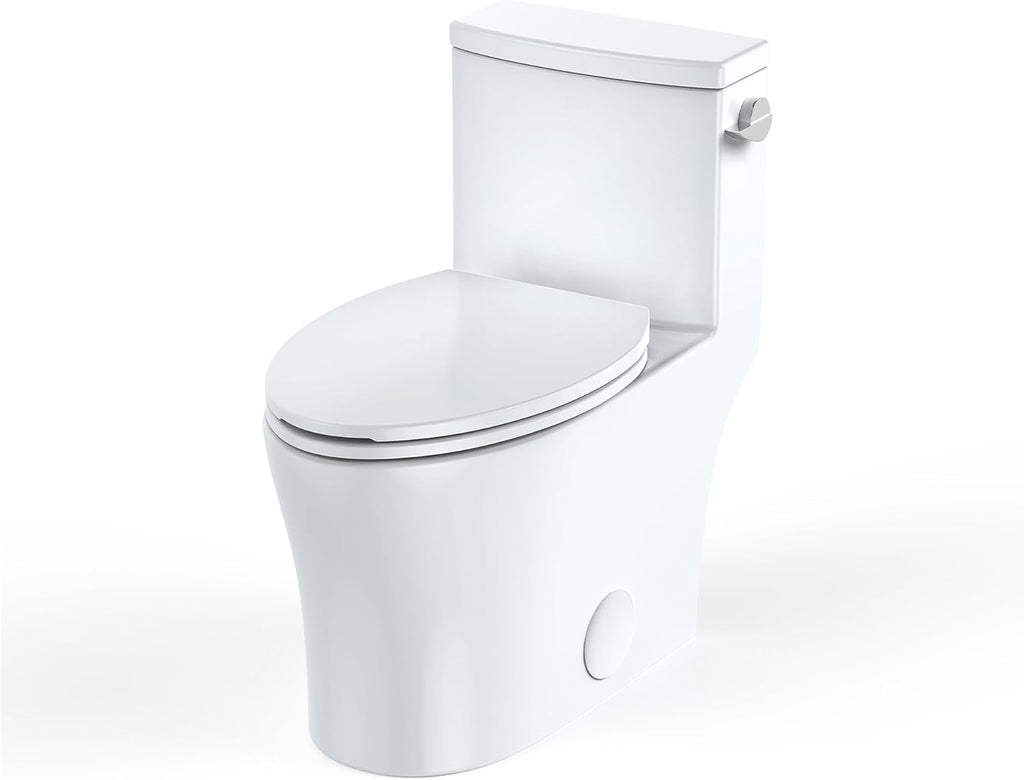One Piece Elongated Toilet with Side Flush Handle and Quick Attach Soft Close Seat, High Seat Comfort for Seniors and Compact Bathrooms