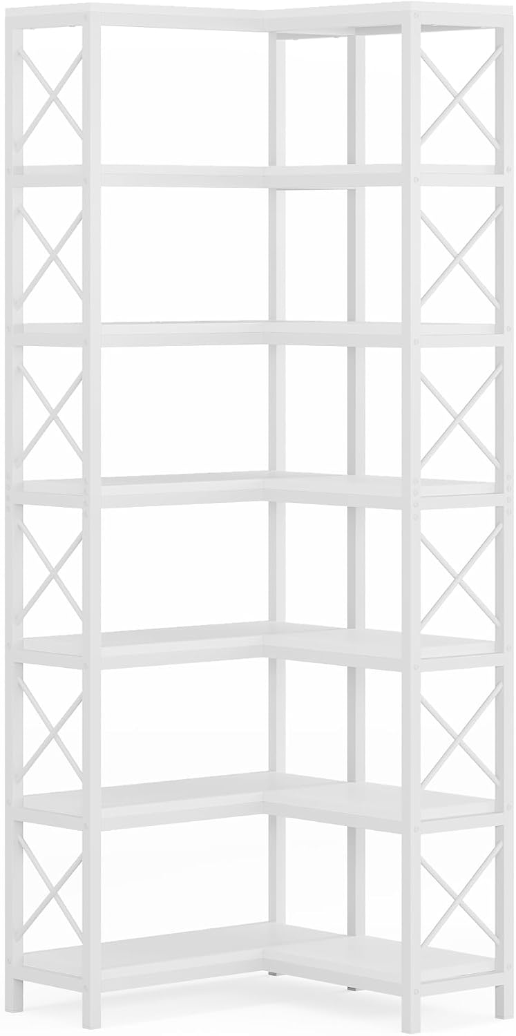 Tribesigns 7-Tier Corner Bookcase, Industrial Large Corner Bookshelf, 7-Shelf Tall Corner Shelf Storage Display Rack with Metal Frame for Living Room Home Office, White