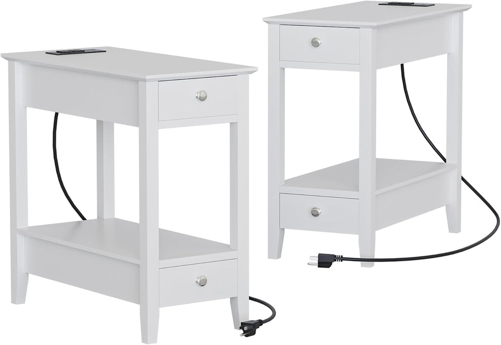 Treocho End Tables Living Room Set of 2, Narrow Side Table with Charging Station, White Table Bedside Sofa for Small Spaces, Living Room, Bedroom