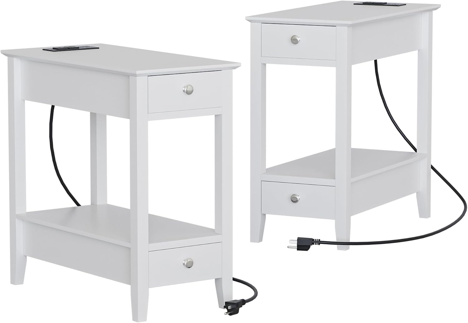 Treocho End Tables Living Room Set of 2, Narrow Side Table with Charging Station, White Table Bedside Sofa for Small Spaces, Living Room, Bedroom