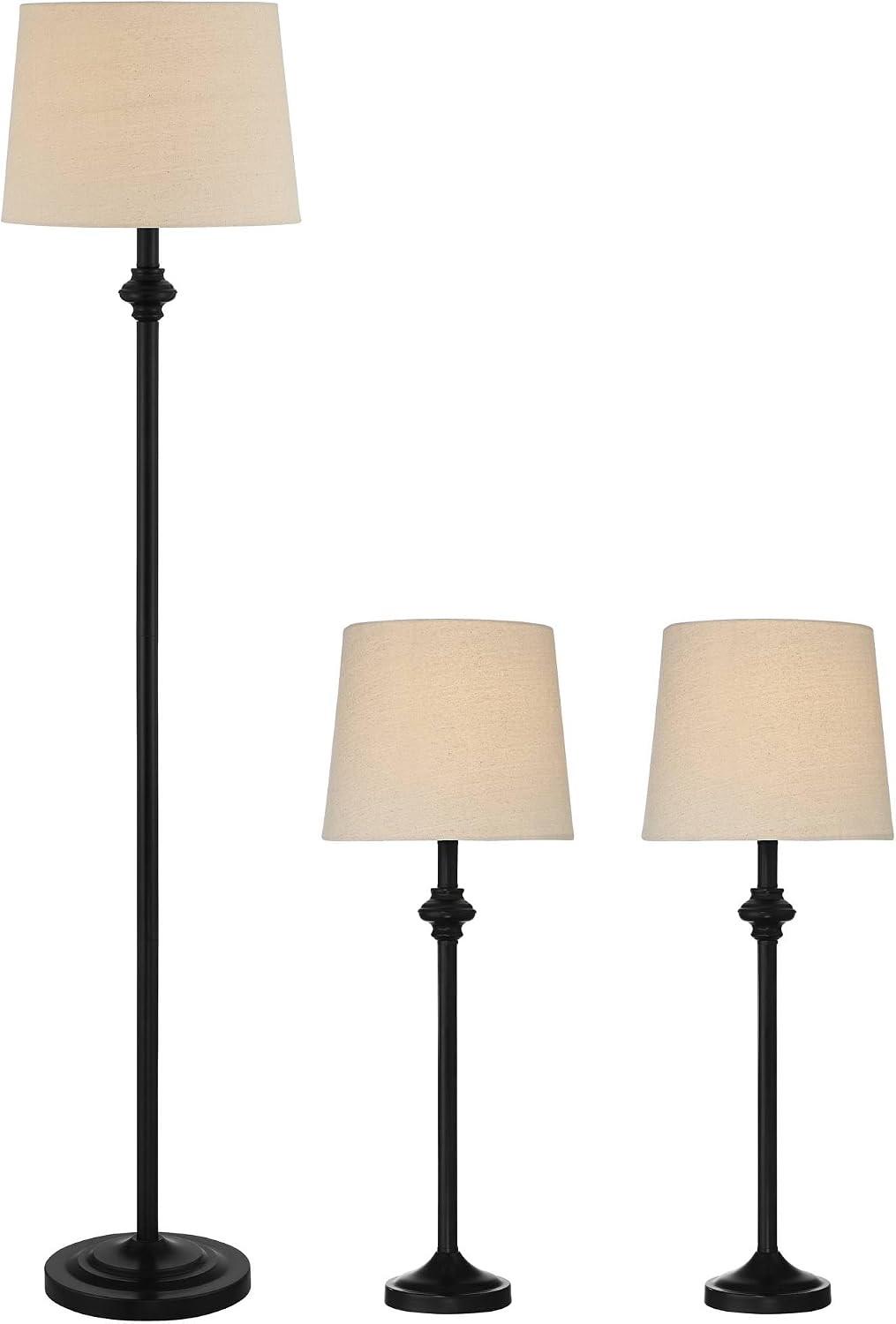 360 Lighting Carter Traditional 3 Piece Table Floor Lamp Set Black Metal Cream Fabric Tapered Drum Shade Decor for Living Room Bedroom House Bedside Nightstand Home Office Reading Family