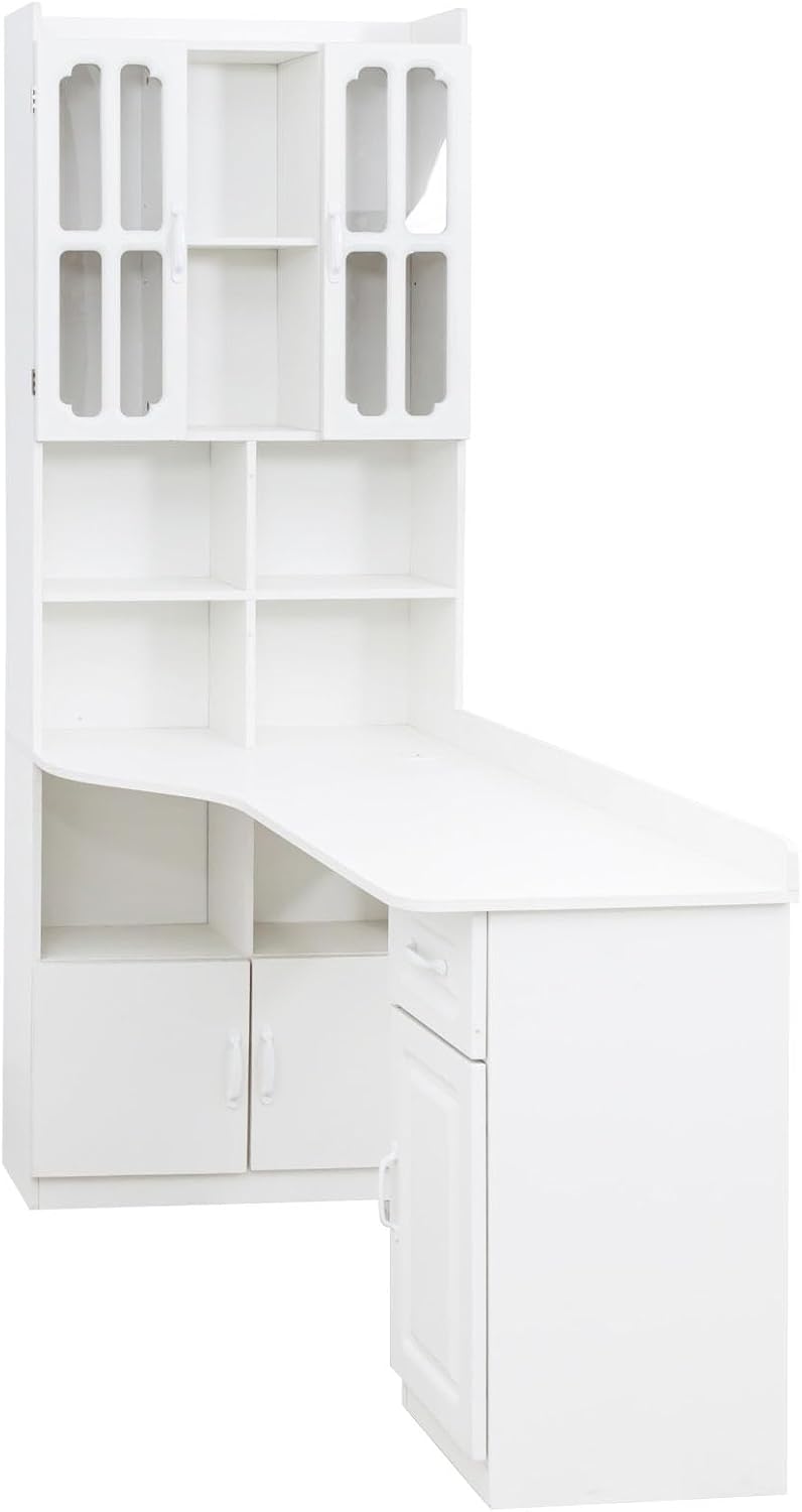 l Shaped Desk with Hutch & Drawers, Small Corner Desks for Small Space Home Office, Farmhouse Desk and Bookshelf Combo with Storage (White)