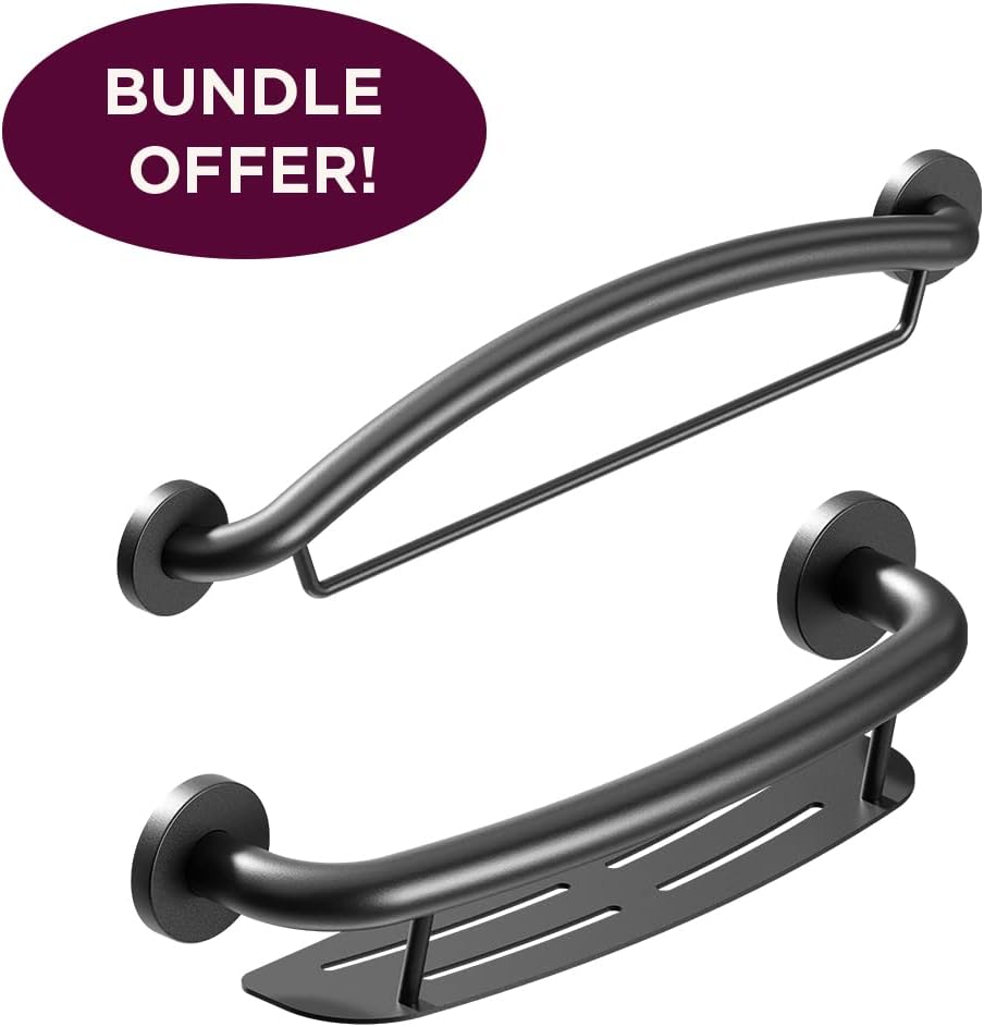 HEALTHCRAFT Plus Series Grab Bar 19.5' Shampoo Shelf / 24' Towel Bar Combo Pack in Matte Black