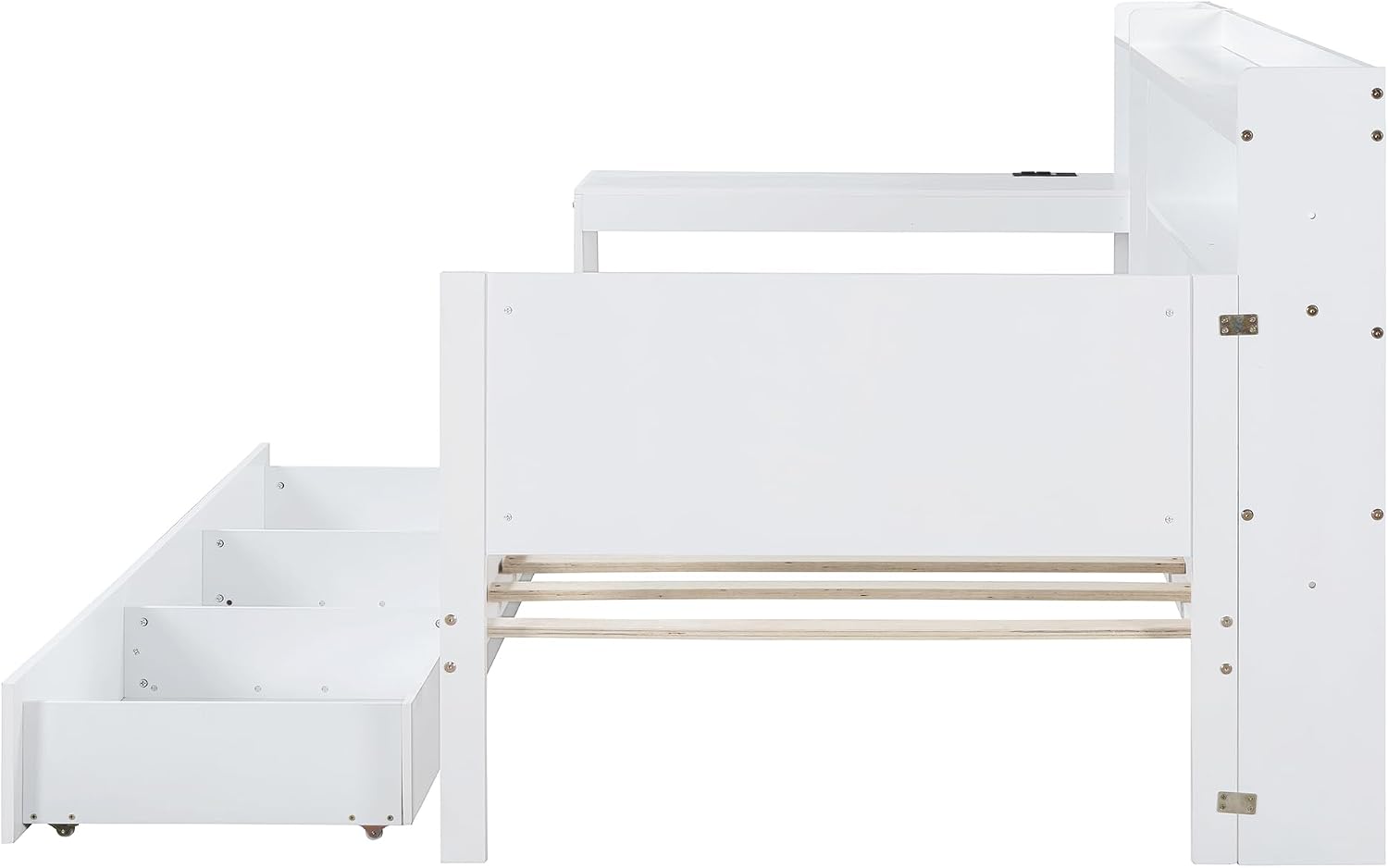 SOFTSEA Twin Size Daybed with Storage Drawers & Bookcase, Wood Daybed with Desk & USB Ports, L Shaped Corner Bed with Convertible Headboard for Bedroom Living Room Guest Room, White