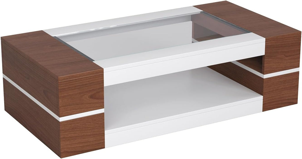 HedoAjim 47.2' Modern Stylish Coffee Table with Glass Table Top, Large Living Room Table Rectangular 2-Tier Center Tables with Storage, Wood Cocktail Tea Tables for Dining Reception Room White Walnut