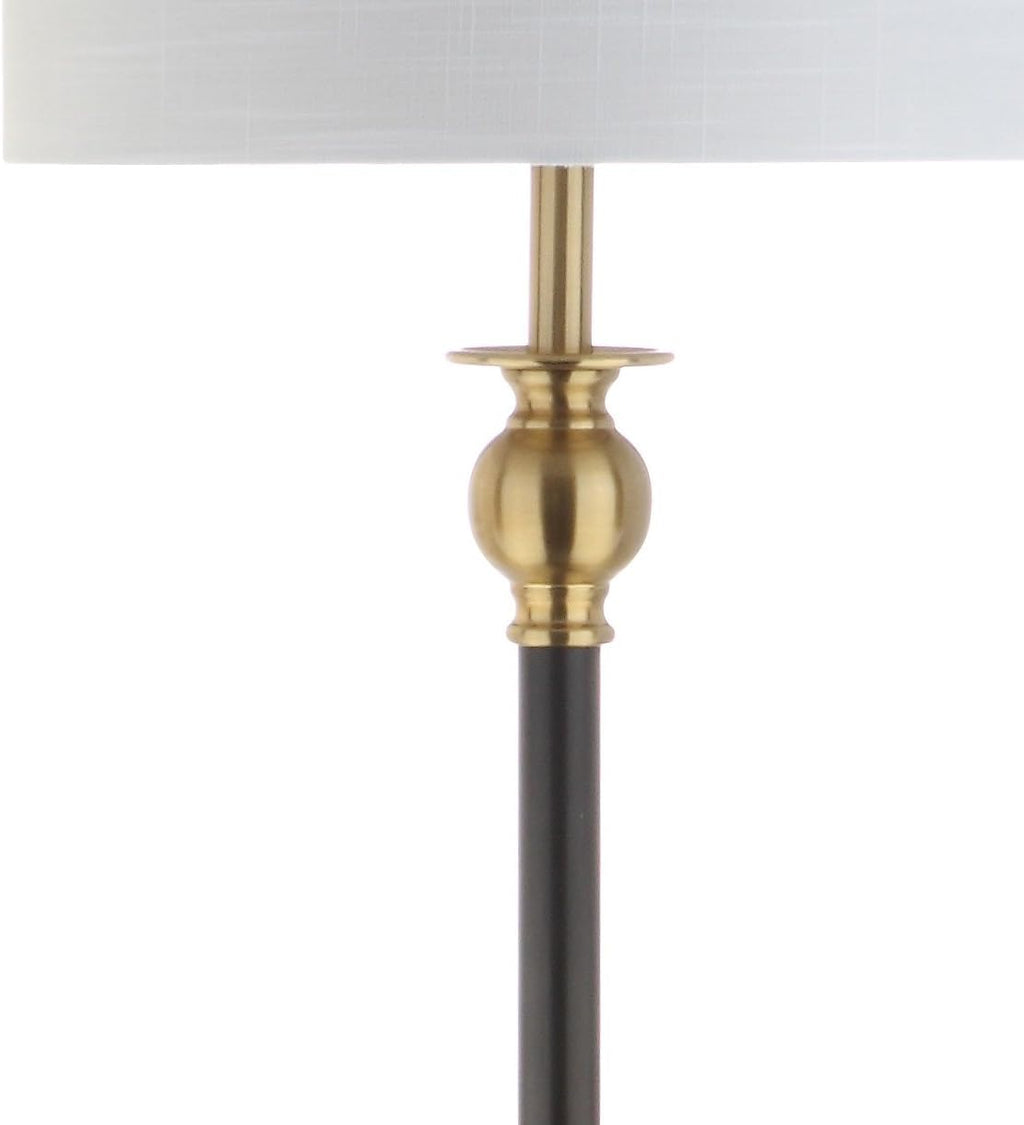 JONATHAN Y 61' Black/Brass Gold Metal LED End Table Floor Lamp, Modern Contemporary Iron Standing Lamp with White Linen Drum Shade for Living Room, LED Bulb Included JYL3002A