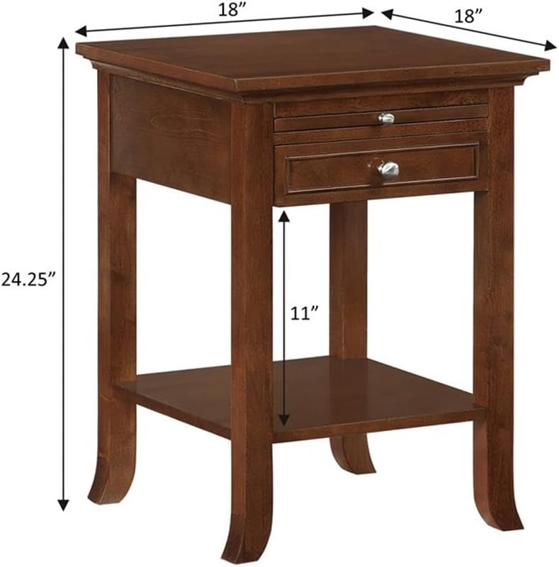 Convenience Concepts American Heritage Logan End Table with USB Ports & AC Outlet 18' - Square Living Room Side Table with Storage Drawer & Pull-Out Shelf, Bedroom Nightstand with Charging, Espresso