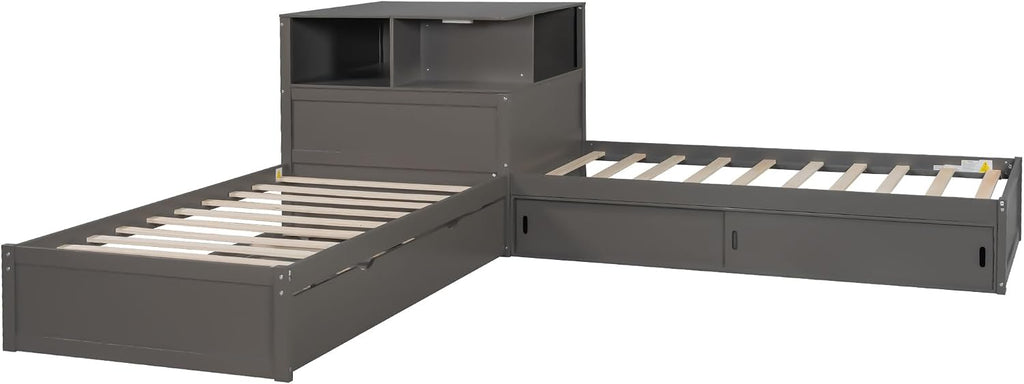 Ball & Cast Twin Size L-Shaped Platform Bed with Storage Cabinets and Multifunctional Desk,Wood Corner Daybed w/Trundle & LED Light,No Box Spring Needed,for Bedroom,Guest Room,Living Room,Grey