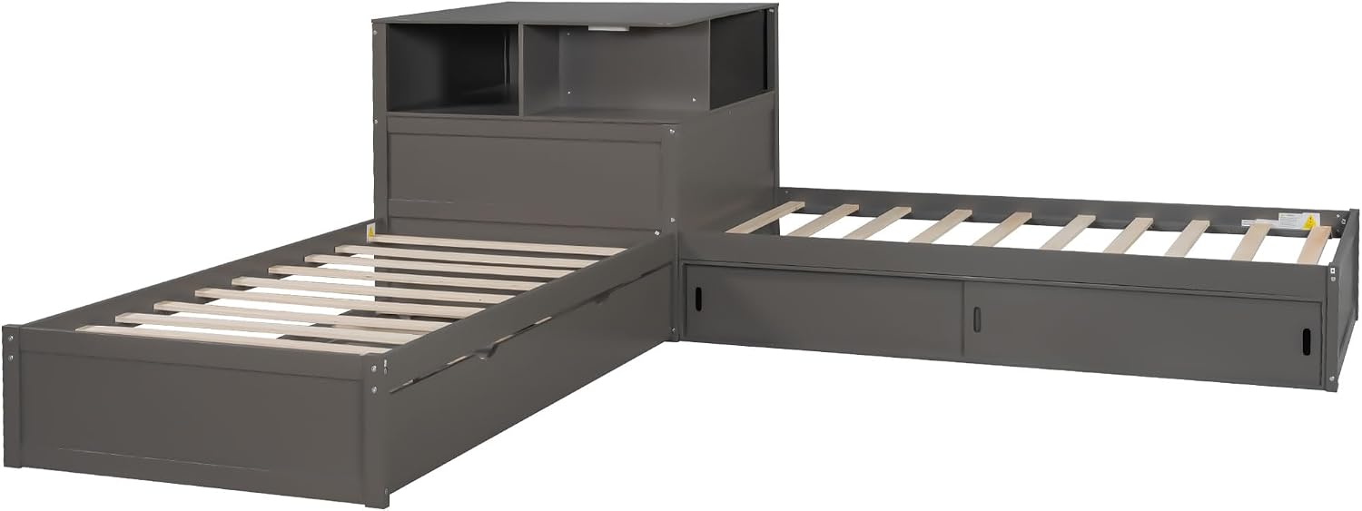 Ball & Cast Twin Size L-Shaped Platform Bed with Storage Cabinets and Multifunctional Desk,Wood Corner Daybed w/Trundle & LED Light,No Box Spring Needed,for Bedroom,Guest Room,Living Room,Grey