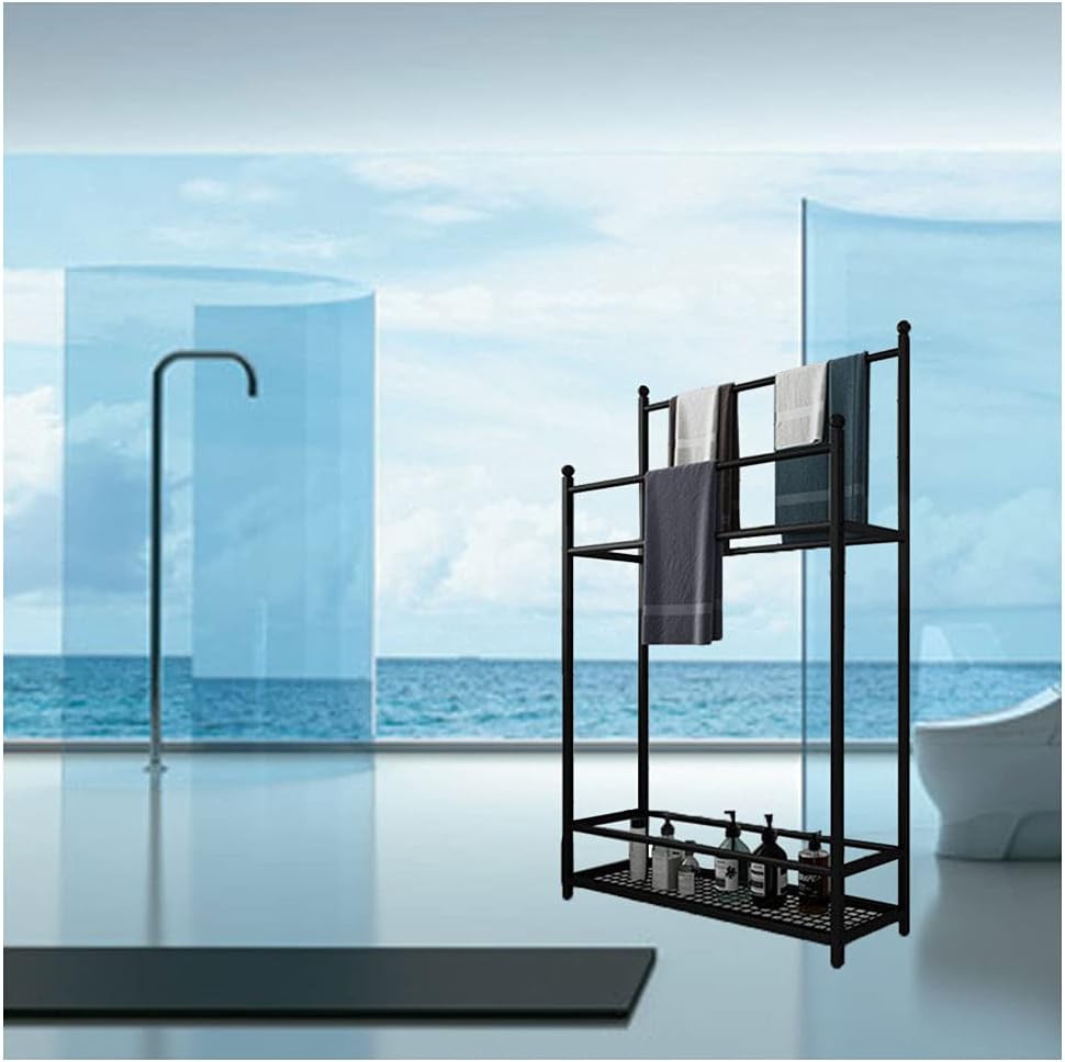 Exquisite Bathroom Shelves Beach Towel Drying Rack Freestanding Outdoor Towel Holder Stand with Bottom Storage Shelf and 4 Bars, Metal Towel Ladder Rack for Bathroom, Kitchen, Washroom