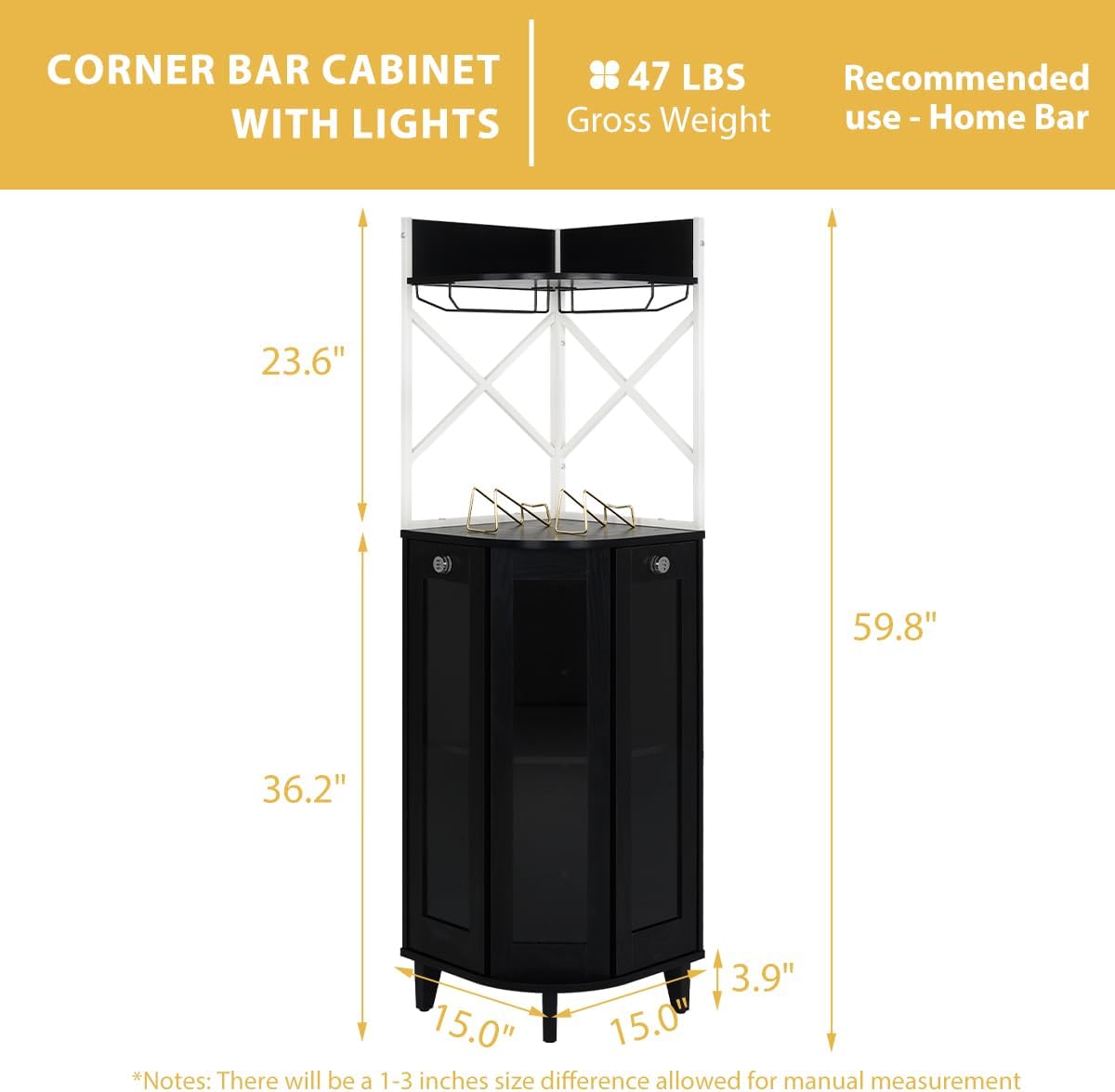 COCO DESIGN Corner Wine Cabinet with Lockable Glass Door & LED Light, 4-Tier Liquor Bar Unit, Modern Farmhouse Home Bar for Kitchen/Dining Room/Living Room, 2 Wine Racks & 2 Glass Display Trays, Black