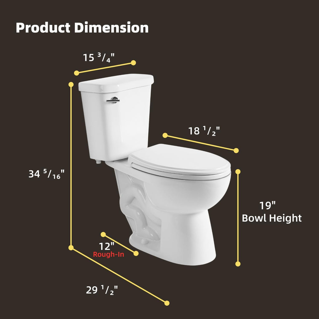 19 Inch High Toilet, Los Flexi ADA & Elongated Extra Tall Toilet for Seniors, Comfort Height Two-Piece Toilet With Soft-Close Seat,12' Rough-In, S-Trap, Siphonic Flush 1.28 GPF