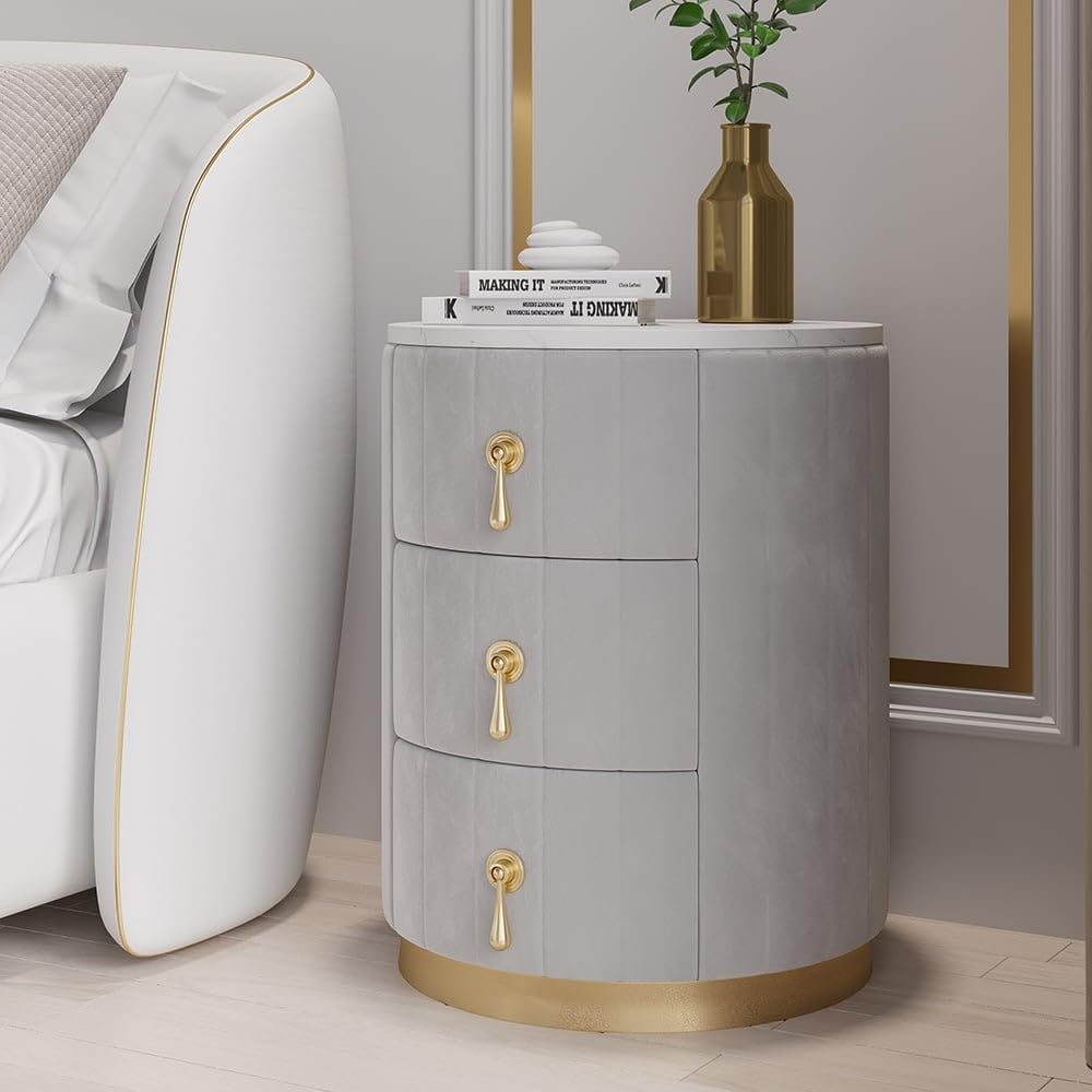 homary Velvet Nightstand with 3 Drawers, Gray Round Bedside Table with Sintered Stone Top, Modern Nightstand with Storage for Bedroom, End Table for Living Room