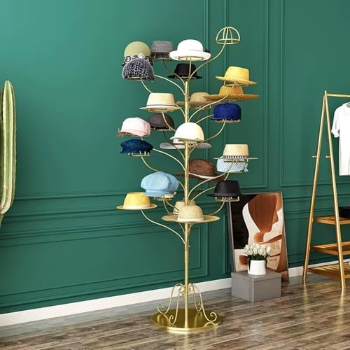 Gold Metal Standing Hat Display Stand on Wheels for Baseball Caps, Wigs & Headwear - Commercial Storage Rack for Kids, Holds up to 25 Hats