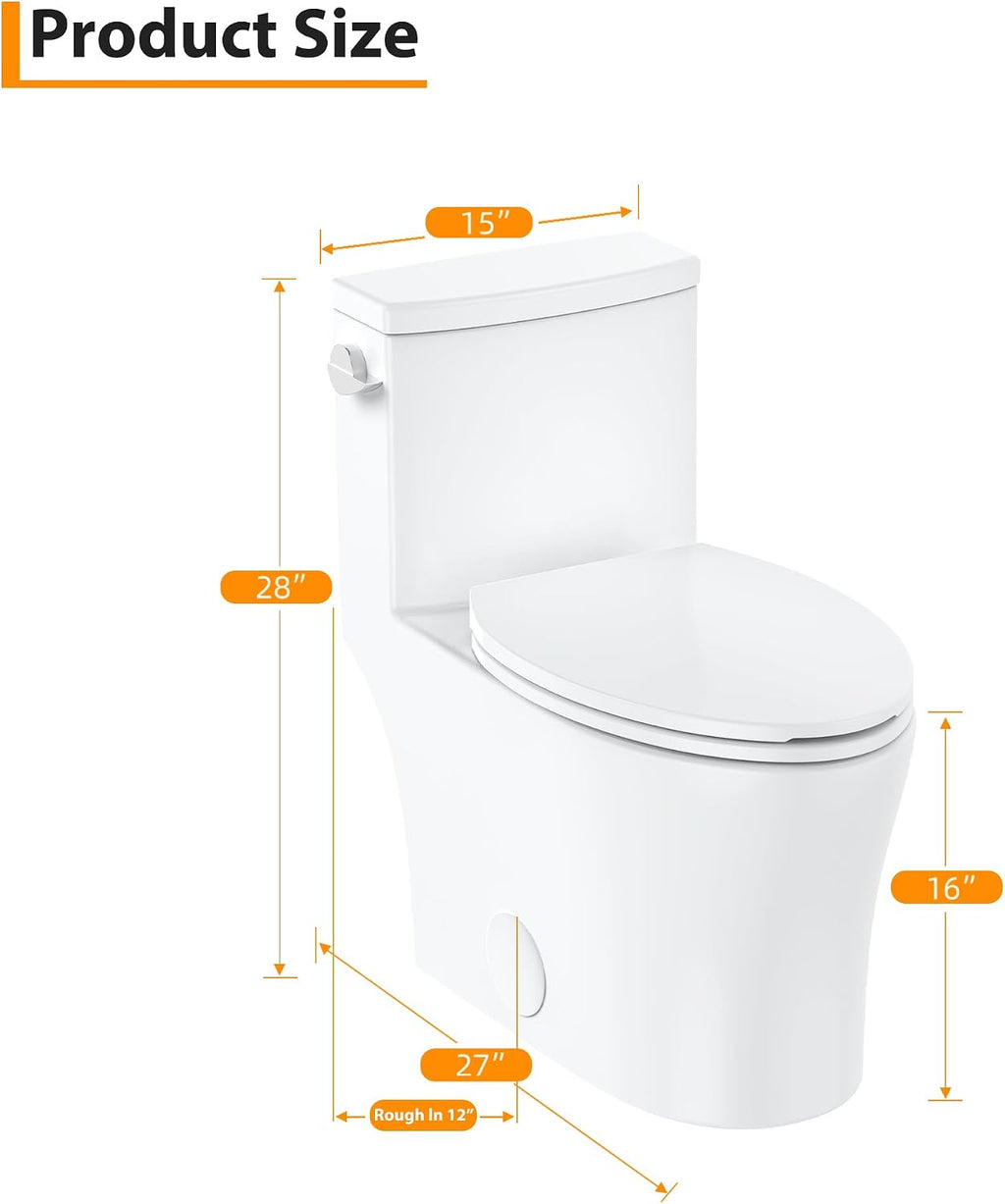 One Piece Elongated Toilet with Side Flush Handle and Quick Attach Soft Close Seat, High Seat Comfort for Seniors and Compact Bathrooms