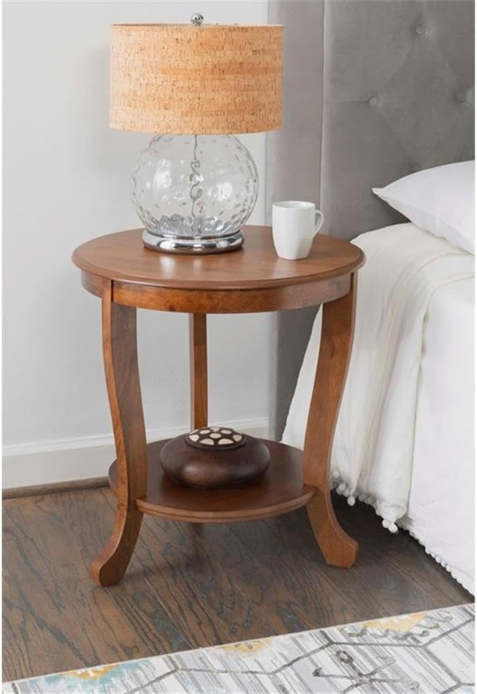 Pemberly Row Round Transitional Wood Side Table, Hazelnut Brown Finish, 22' W x 22' D x 24' H, MDF Acacia Oak Construction, Lower Shelf for Storage, Accent Table for Living Room or Bedroom Use