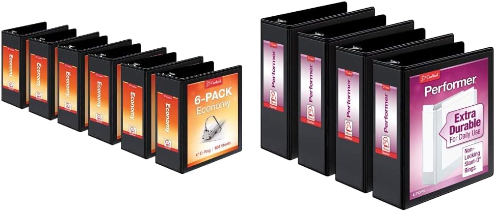 Cardinal Economy 3-Ring Binders, 4', Slant-D Rings, Holds 835 Sheets, Black, Case of 6 & Performer 3-Ring Binders, 3', Non-Locking Slant-D Rings, 725-Sheet Capacity, Black, 4-Pack