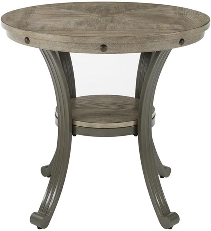 Pemberly Row Round Side Accent Table, 24 in Metal and Wood, Pewter and Champagne Finish, Inlay Design, Lower Storage Shelf, Industrial Style End Table for Living Room or Family Room Use