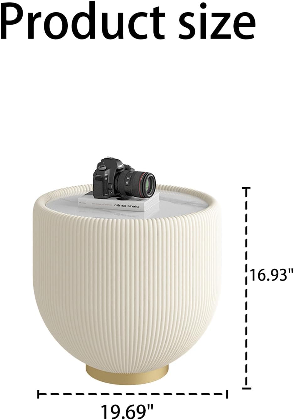 Modern Round End Table Luxury Sintered Stone Top Coffee Table in Cream White Leatherette Creative Bowl-Shape Small Coffee Side End Table for Living Room Bedroom,Fully Assembled