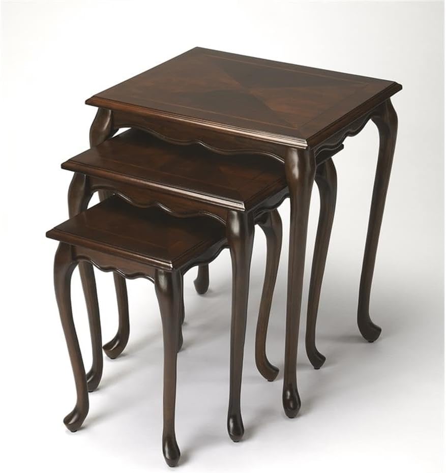 BOWERY HILL Traditional Wood Nesting Tables, Set of 3, Cherry Dark Brown Finish, Hardwood and Veneer Construction, Scalloped Apron, Curved Legs, Distressed Style for Living Room or Home Use
