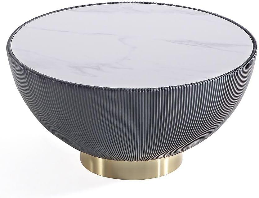 Manhattan Comfort Modern Anderson Coffee Table and End Table 2.0 Upholstered in Grey Leatherette with Ceramic Faux Tabletop - Set of 2