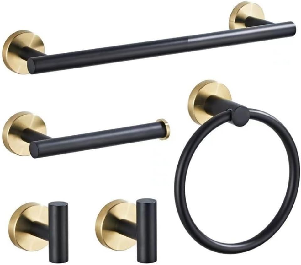 Black and Gold Stainless Steel Bathroom Hardware Set Towel Bar Toilet Paper Holder Clothes Hook Bathroom Roll Towel Rack Ring,Whole Set