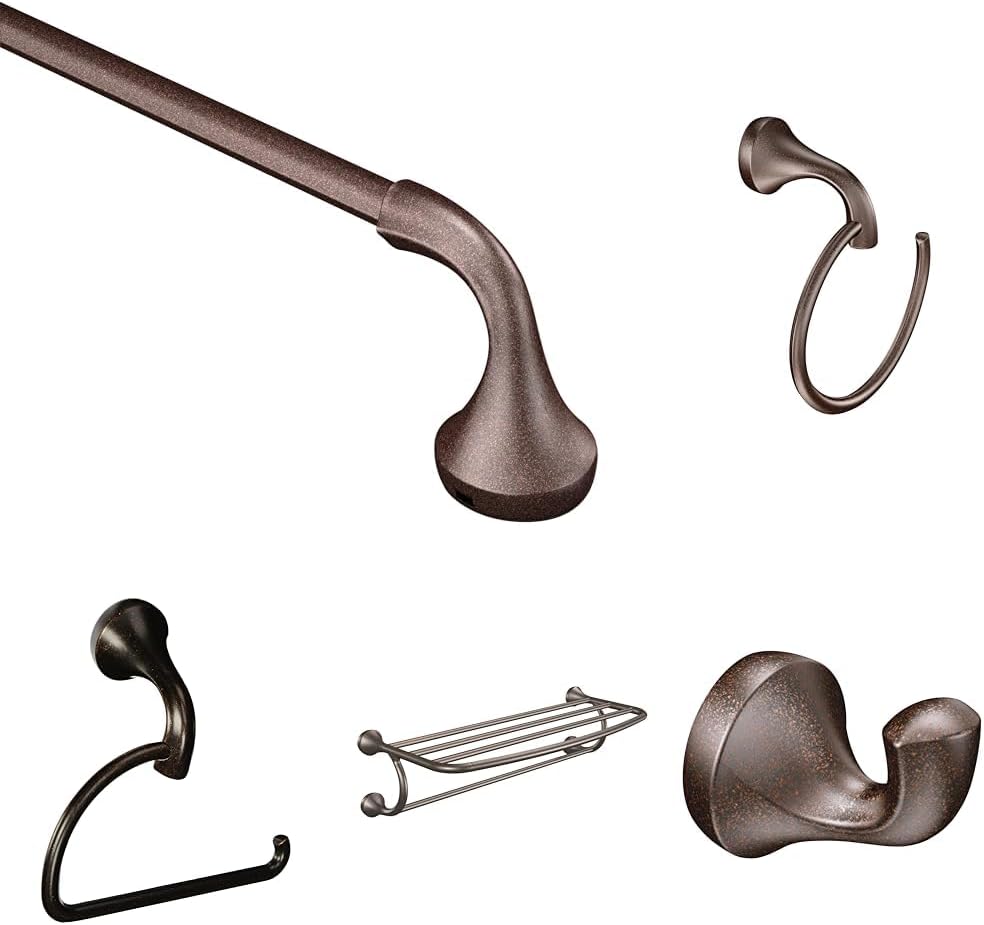 Bundle of Moen Eva Collection Oil Rubbed Bronze 24' Towel Bar, YB2824ORB, 26' Towel Ring, YB2886ORB, Robe Hook, YB2803ORB, Towel Shelf, YB2894ORB, and Toilet Paper Holder, YB2808ORB