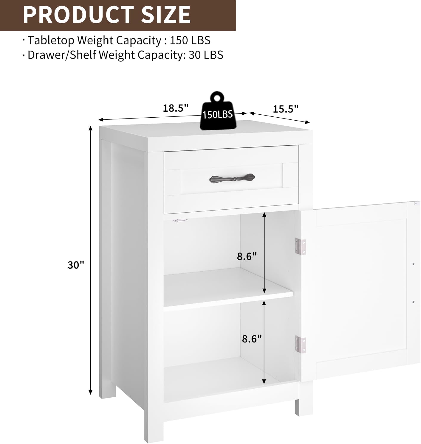 White Nightstand Set of 2 with Drawer, Farmhouse End Table with Storage Cabinet and Adjustable Shelf, 30' Tall Bedside Table Rustic Wood Sofa Side Table for Living Room, Bedroom