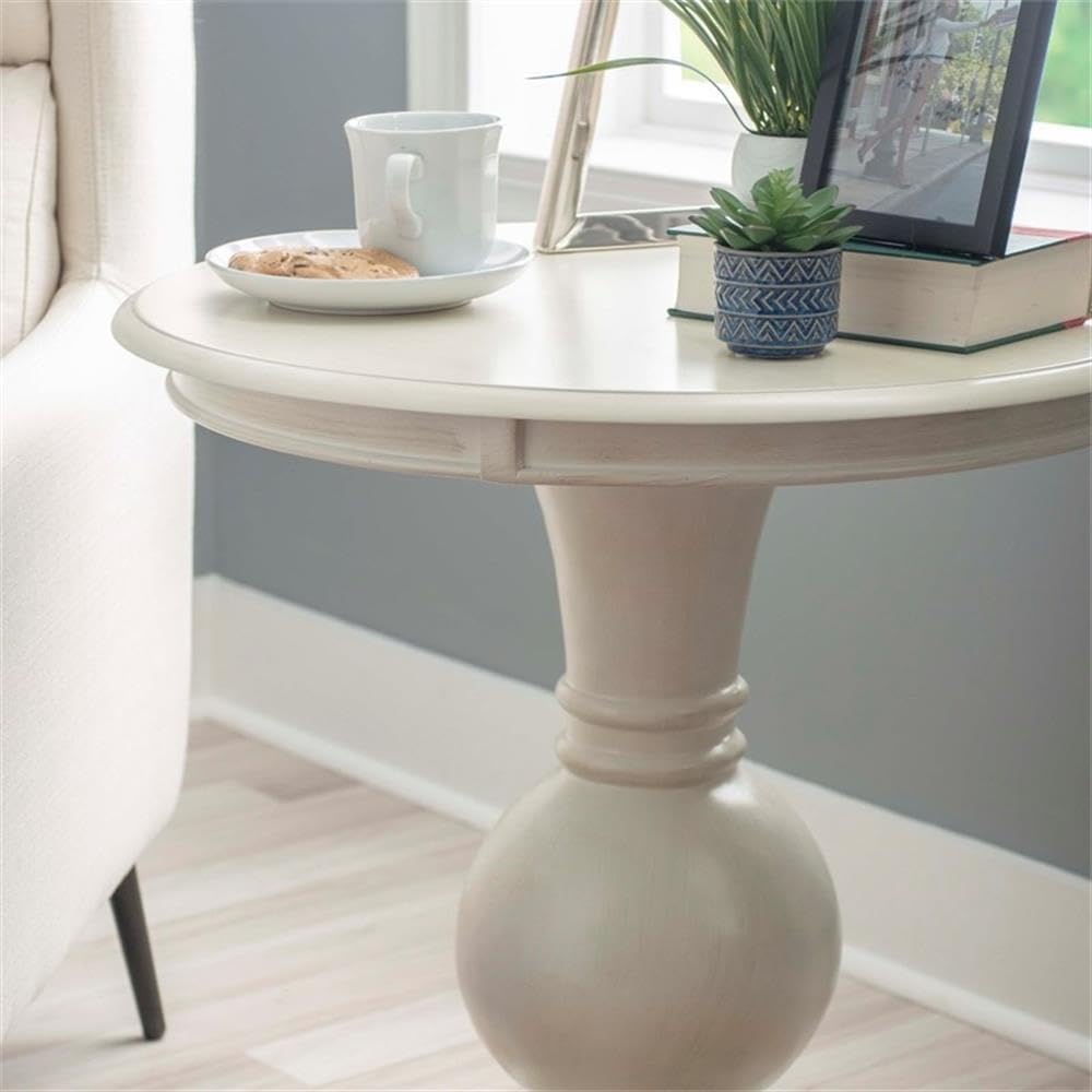 MAKLAINE Round Wood Accent Table, 26.5' High, Cream Finish, Pedestal Base, Compact Design, Hardwood Veneers, Sophisticated Style, Living Room Side Table or Extra Surface for Entertaining