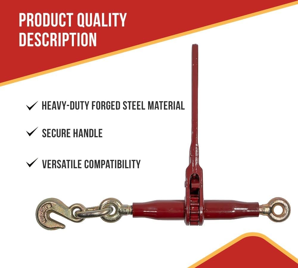 Mytee Products 4 Pack 5/16'-3/8' Heavy Duty Ratchet Lever Load Binder w/Grab Hooks and Eye 7100 Lbs Working Load Limit - Red | Tie Down Hauling Chain Binders for Flatbed Truck Trailer