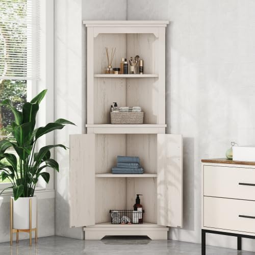 Bellemave Tall Corner Cabinet with 2 Doors and Adjustable Shelves, Freestanding Floor Bathroom Corner Cabinet for Living Room, Bathroom (Beige)