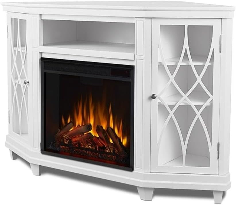 BOWERY HILL Modern Corner Fireplace TV Stand, Wood and Veneered MDF, White Finish, Fits TVs Up to 56', Infrared LED Electric Firebox, Adjustable Shelves, Contemporary Style, Living Room Entertainment