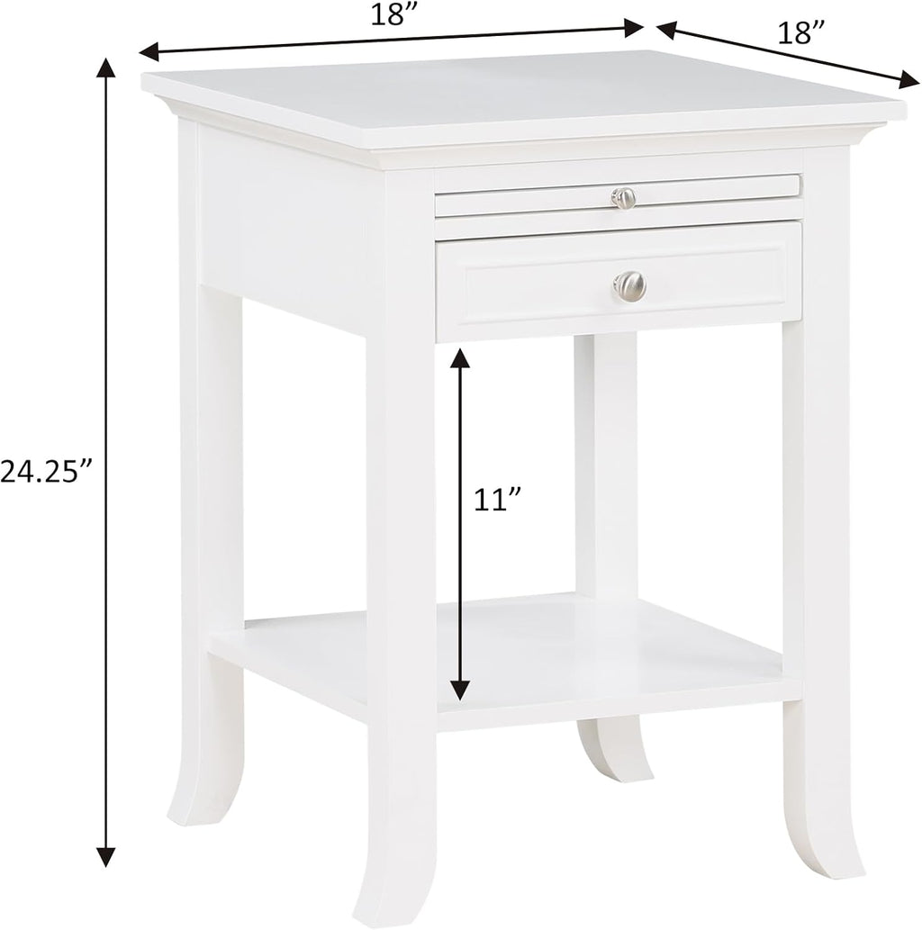 Convenience Concepts American Heritage Logan End Table with USB Ports & AC Outlet 18' - Square Living Room Side Table with Storage Drawer & Pull-Out Shelf, Bedroom Nightstand with Charging, White