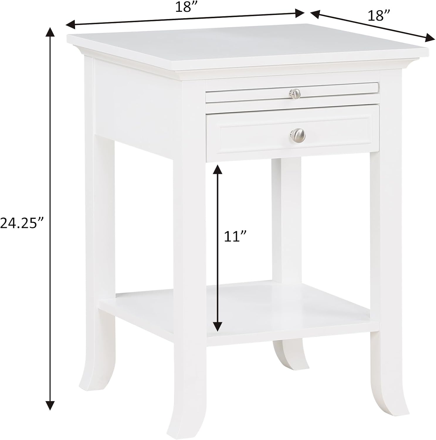Convenience Concepts American Heritage Logan End Table with USB Ports & AC Outlet 18' - Square Living Room Side Table with Storage Drawer & Pull-Out Shelf, Bedroom Nightstand with Charging, White