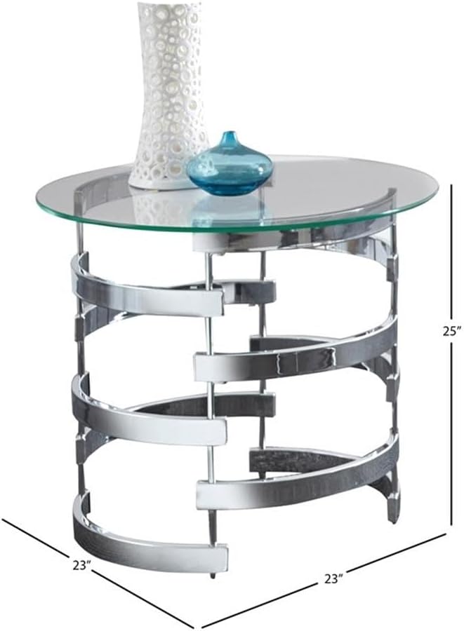BOWERY HILL End Table Coffee Accent Table, Round, Contemporary, Indoor in Glass Top and Wood, Chrome