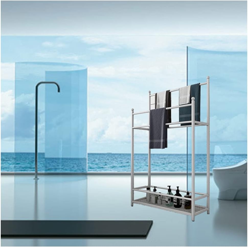 Exquisite Bathroom Shelves Beach Towel Drying Rack Freestanding Outdoor Towel Holder Stand with Bottom Storage Shelf and 4 Bars, Metal Towel Ladder Rack for Bathroom, Kitchen, Washroom