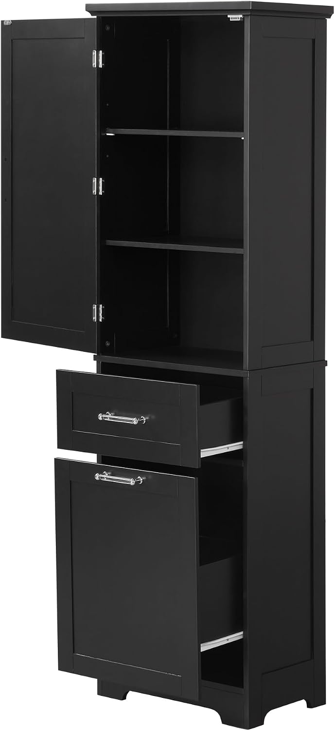 Bathroom Storage Cabinet with Adjustable Shelf, 68.4 in Tall | MDF, painted finish, adjustable shelf, enclosed storage, acrylic handles, anti-tip kit, bathroom, 20 W x 13.5 D x 68.4 H in