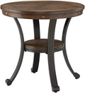 Pemberly Row Traditional End Table, 24' Round Wood and Metal, Rustic Umber Brown Finish, Oak Woodgrain Veneer Top with Nailhead Details, Sturdy Base, Living Room Side Table with Shelf