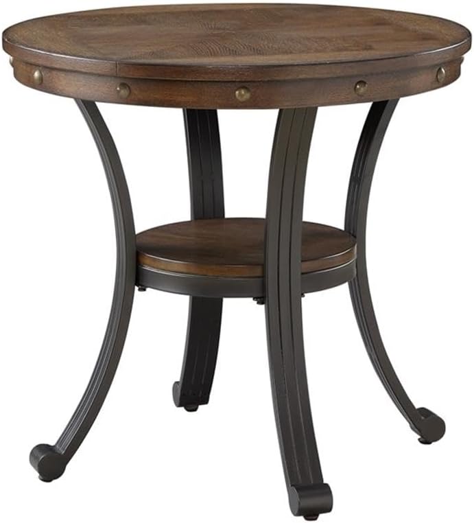 Pemberly Row Traditional End Table, 24' Round Wood and Metal, Rustic Umber Brown Finish, Oak Woodgrain Veneer Top with Nailhead Details, Sturdy Base, Living Room Side Table with Shelf
