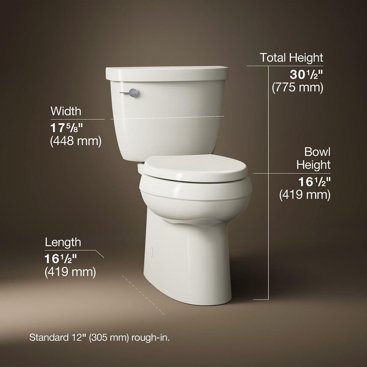 KOHLER 5310-96 Cimarron Comfort Height Skirted Trapway Comfort Height Two-Piece Elongated Toilet, Left-Hand Trip Lever, Biscuit