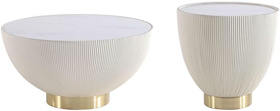Manhattan Comfort Modern Anderson Coffee Table and End Table 2.0 Upholstered in Cream Leatherette with Ceramic Faux Tabletop - Set of 2