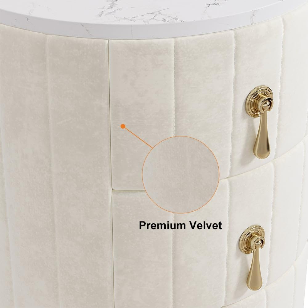 homary Velvet Nightstand with 3 Drawers, White Round Bedside Table with Sintered Stone Top, Modern Nightstand with Storage for Bedroom, End Table for Living Room