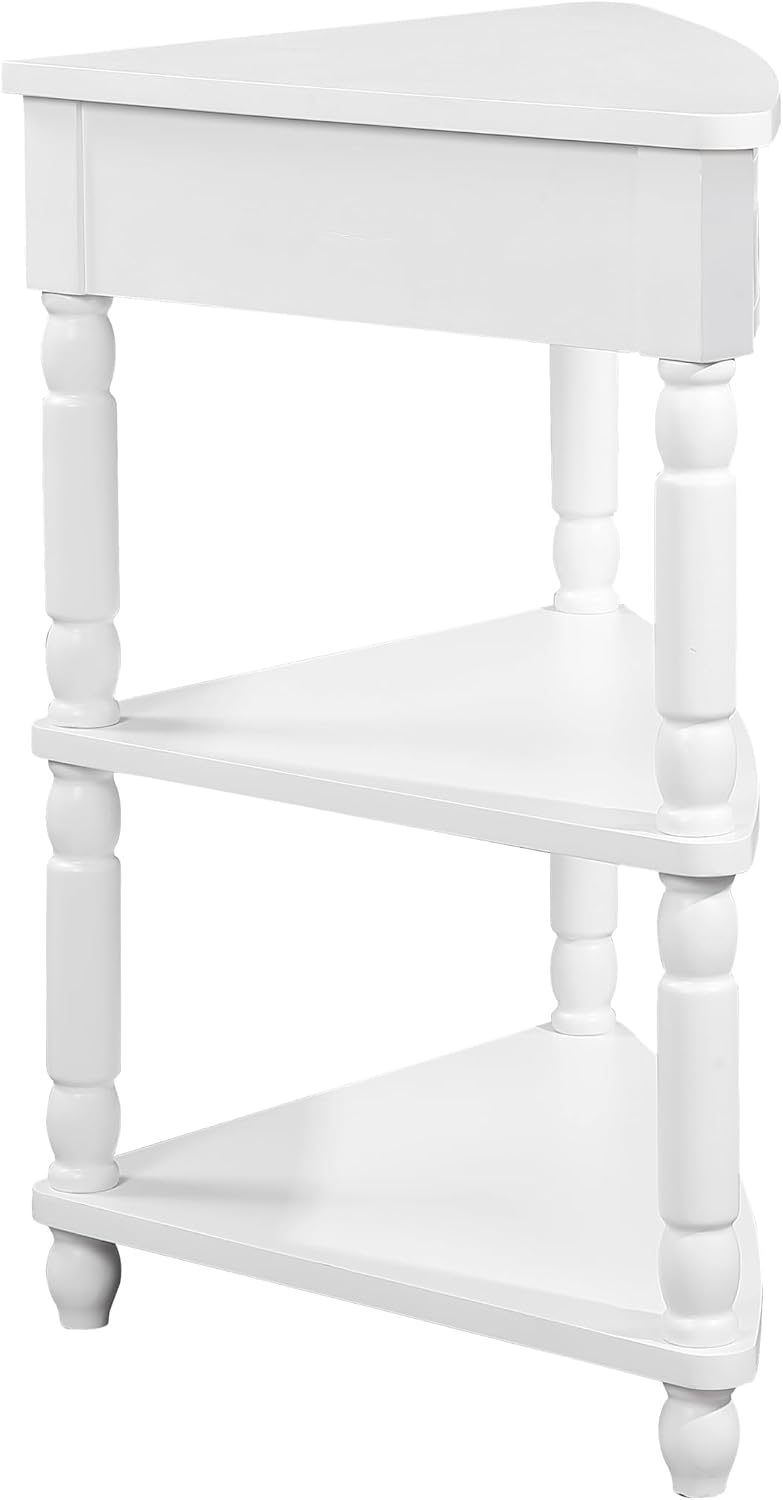 33.8'' Small Triangle Corner Table,3 Tier End Corner Table with Open Shelf and Solid Wood Legs,Wood Corner Side Table with 1 Storage Drawer for Bedroom,Living Room,Small Spaces (Milk White)