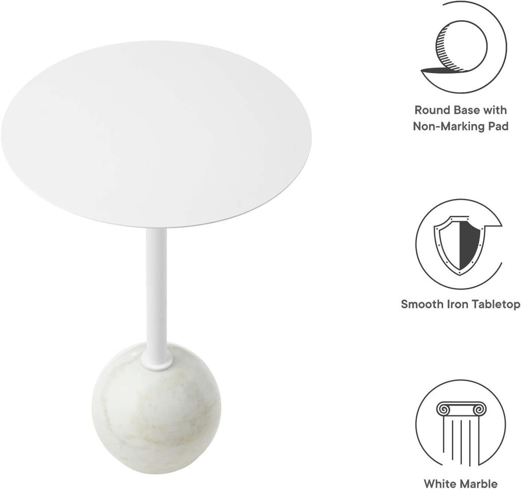 Modway EEI-6606-WHI-WHI Aliza Round White Marble Side Table, White White