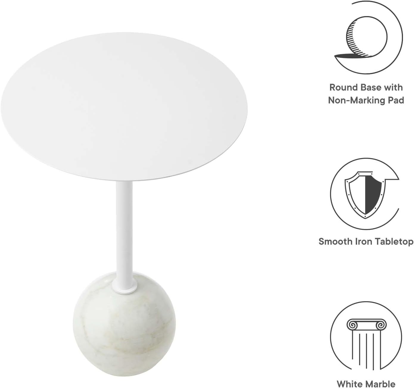 Modway EEI-6606-WHI-WHI Aliza Round White Marble Side Table, White White