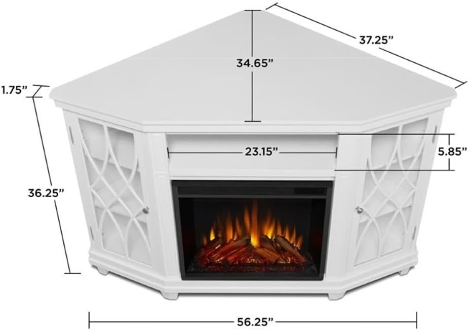 BOWERY HILL Modern Corner Fireplace TV Stand, Wood and Veneered MDF, White Finish, Fits TVs Up to 56', Infrared LED Electric Firebox, Adjustable Shelves, Contemporary Style, Living Room Entertainment