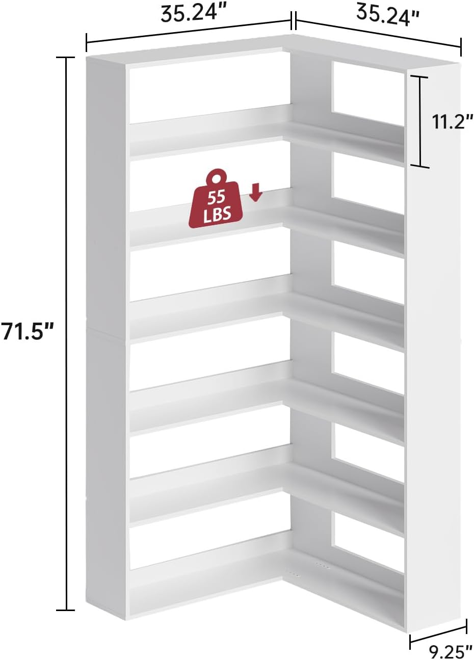 oneinmil Bookcase 6 Tiers with Baffles, 35.2' Large Corner Bookshelf, Storage Display Rack for Living Room Home Office, White