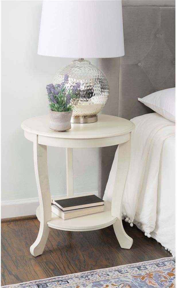 Pemberly Row Round Transitional Wood Side Table, 22' Diameter, White Multi-Step Finish, Acacia/Oak with Shelf, Accent Table for Living Room, Bedroom or Chairside Use